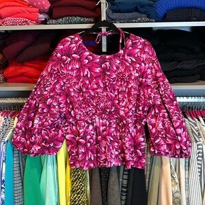 Kika Vargas pink flowered balloons sleeves open tie back top size XL